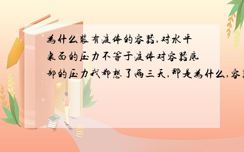 为什么装有液体的容器,对水平桌面的压力不等于液体对容器底部的压力我都想了两三天,那是为什么,容器重量（不计）我要问的问题是：为什么装有液体的容器，对水平桌面的压力不等于液