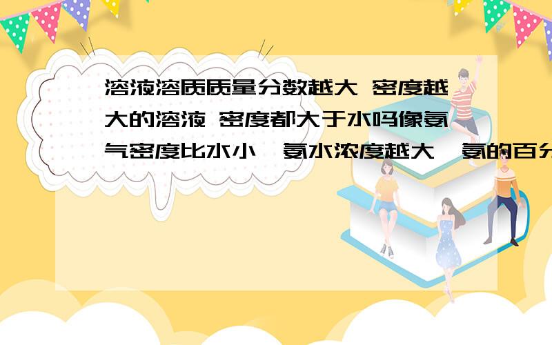 溶液溶质质量分数越大 密度越大的溶液 密度都大于水吗像氨气密度比水小,氨水浓度越大,氨的百分含量就越高,密度越小那是不是密度比水（溶剂）大的溶质 质量分数越大 溶液密度越大密度