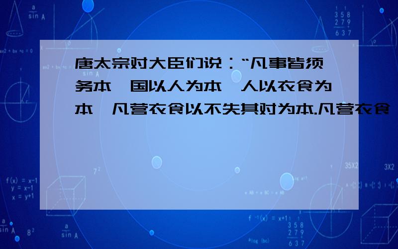 唐太宗对大臣们说：“凡事皆须务本,国以人为本,人以衣食为本,凡营衣食以不失其对为本.凡营衣食,以不失时为本.夫不失时者,在人君简静乃可致耳.若兵法屡动,土木不息,而欲不夺农时,其可