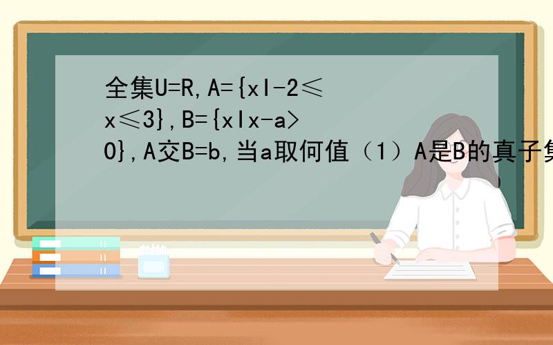 全集U=R,A={xI-2≤x≤3},B={xIx-a>0},A交B=b,当a取何值（1）A是B的真子集（2）A∩B≠空集（3）B∪（CuA）=CuA