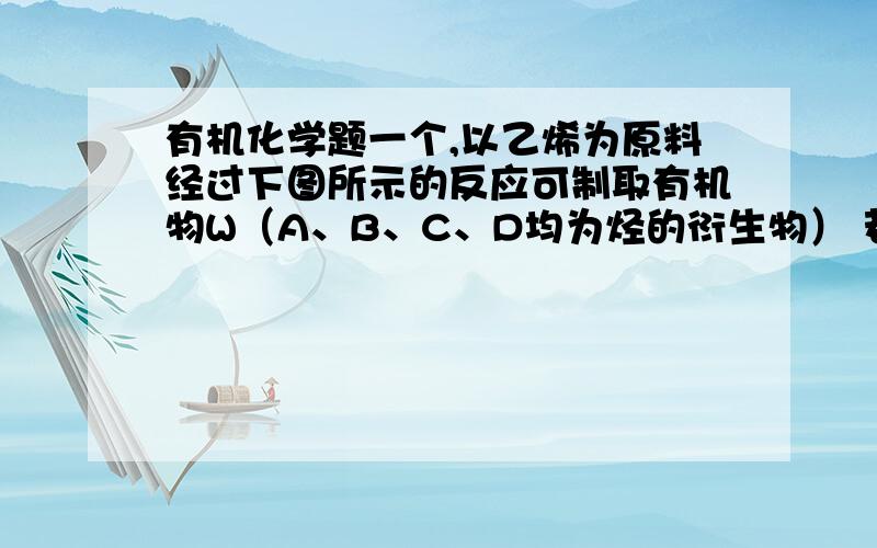 有机化学题一个,以乙烯为原料经过下图所示的反应可制取有机物W（A、B、C、D均为烃的衍生物） 若甲为Cl2,乙为HCl,生成物W的分子式为C8H14O4,则W的结构简式为__________；符合C的分子式且属于中