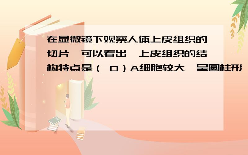 在显微镜下观察人体上皮组织的切片,可以看出,上皮组织的结构特点是（ 0）A细胞较大,呈圆柱形 B 细胞排列疏松,有少量细胞间质 C细胞排列紧密,有极少细胞间质 D细胞排列紧密,有很多细胞间