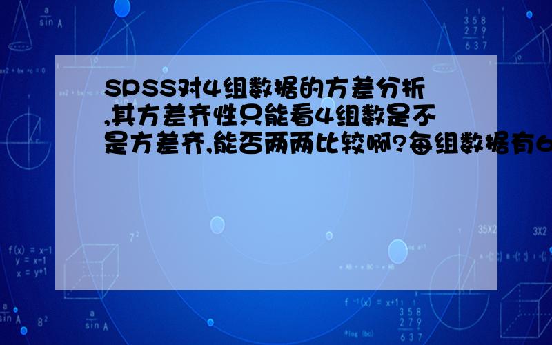 SPSS对4组数据的方差分析,其方差齐性只能看4组数是不是方差齐,能否两两比较啊?每组数据有60个平行