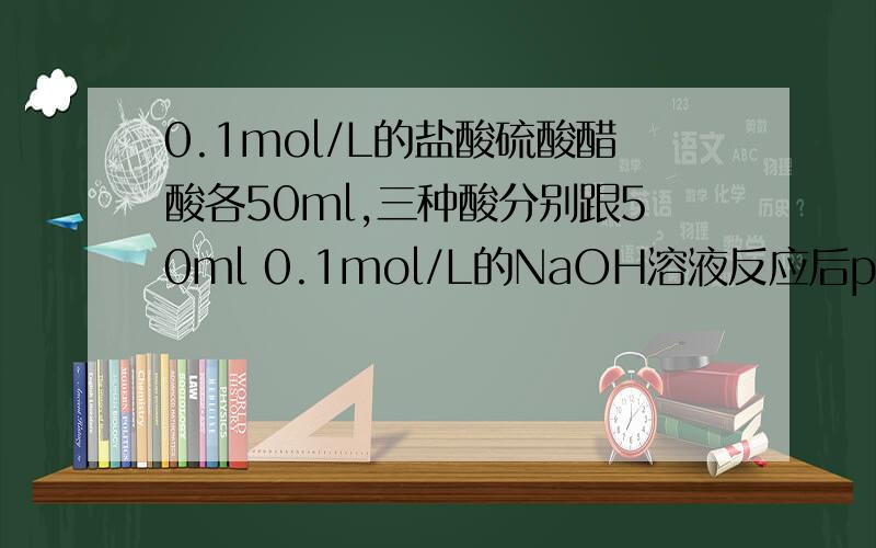 0.1mol/L的盐酸硫酸醋酸各50ml,三种酸分别跟50ml 0.1mol/L的NaOH溶液反应后pH由大到小顺序