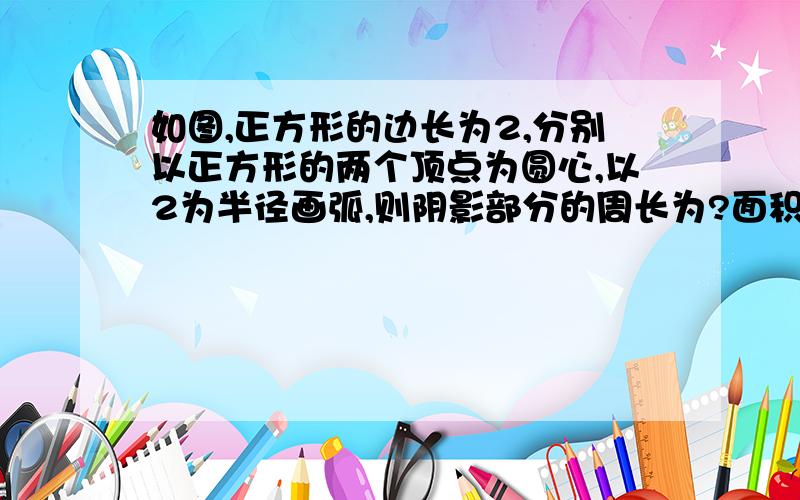 如图,正方形的边长为2,分别以正方形的两个顶点为圆心,以2为半径画弧,则阴影部分的周长为?面积为?急用，