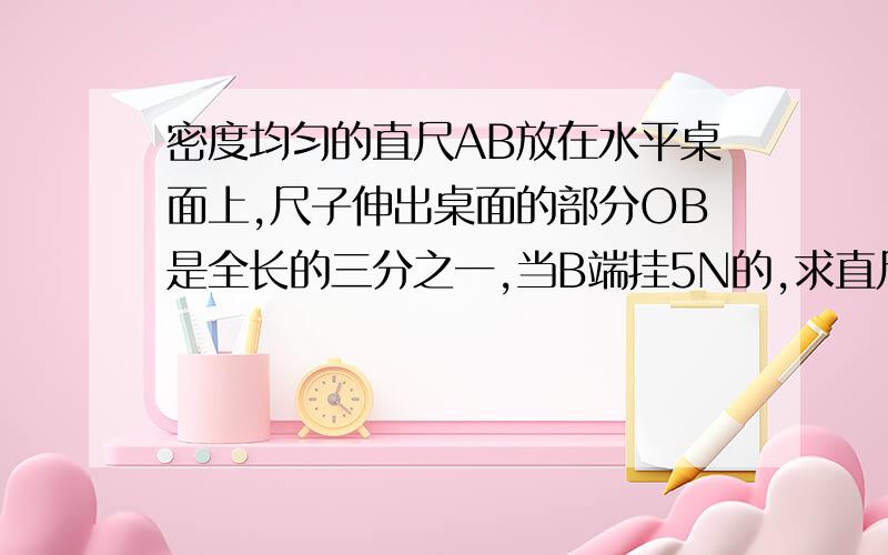 密度均匀的直尺AB放在水平桌面上,尺子伸出桌面的部分OB是全长的三分之一,当B端挂5N的,求直尺受到的重力.