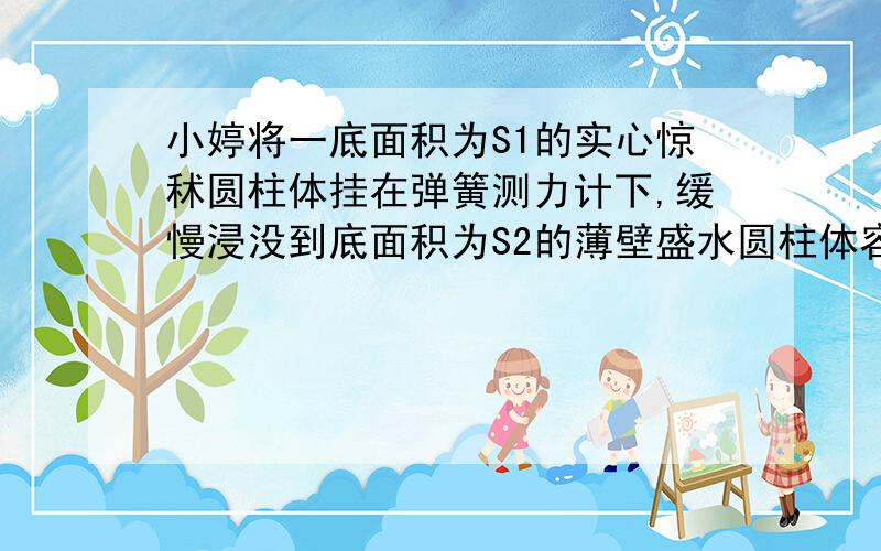 小婷将一底面积为S1的实心惊秫圆柱体挂在弹簧测力计下,缓慢浸没到底面积为S2的薄壁盛水圆柱体容器中,弹簧测力计示数改变了F,则水对容器底部的压强改变了多少?