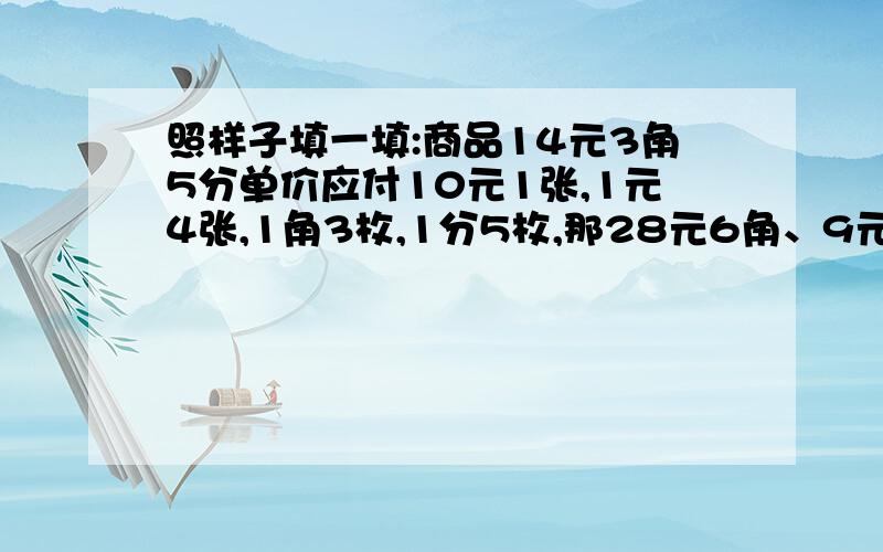 照样子填一填:商品14元3角5分单价应付10元1张,1元4张,1角3枚,1分5枚,那28元6角、9元7角、30元8角分别是多少张多少枚呢?