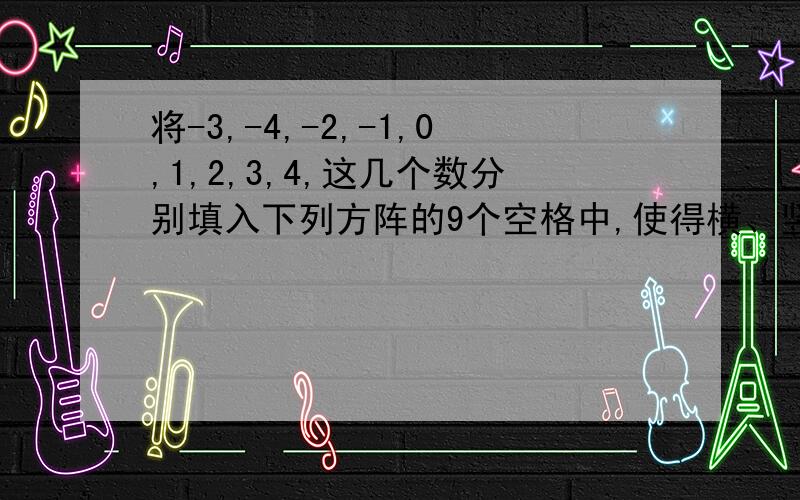 将-3,-4,-2,-1,0,1,2,3,4,这几个数分别填入下列方阵的9个空格中,使得横、竖、斜角的所有3个数的和为0.