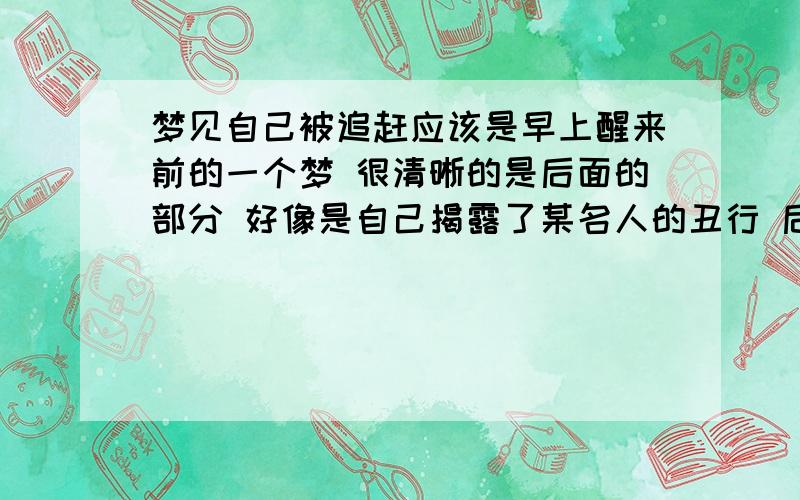 梦见自己被追赶应该是早上醒来前的一个梦 很清晰的是后面的部分 好像是自己揭露了某名人的丑行 后自责想自杀 但是自杀前有人前来劝说 我就开始跑这个时候的跑还是在城市的路面上 跑