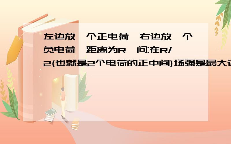 左边放一个正电荷,右边放一个负电荷,距离为R,问:在R/2(也就是2个电荷的正中间)场强是最大还是最小?静电力是最大还是最小?