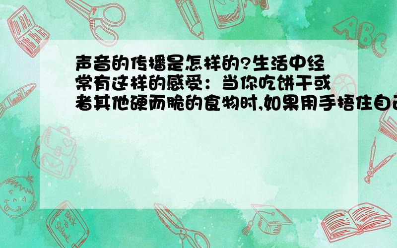 声音的传播是怎样的?生活中经常有这样的感受：当你吃饼干或者其他硬而脆的食物时,如果用手捂住自己的双耳,自己也会听到很大的咀嚼声,但是你身旁的同学却往往听不到.这可能是由于什