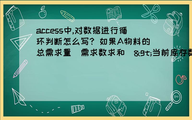 access中,对数据进行循环判断怎么写? 如果A物料的总需求量（需求数求和）>当前库存数,则逐条将需求数跟库存数对比,例如A,将第一条2进行对比库存数9,库存满足则实际发出数量为2,再对比