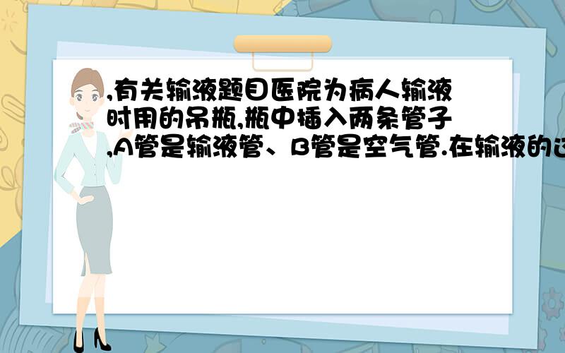 ,有关输液题目医院为病人输液时用的吊瓶,瓶中插入两条管子,A管是输液管、B管是空气管.在输液的过程中,如果发现病人的血液沿输液管回流,可将吊瓶适当地升高,血液就会随着药液重新流入