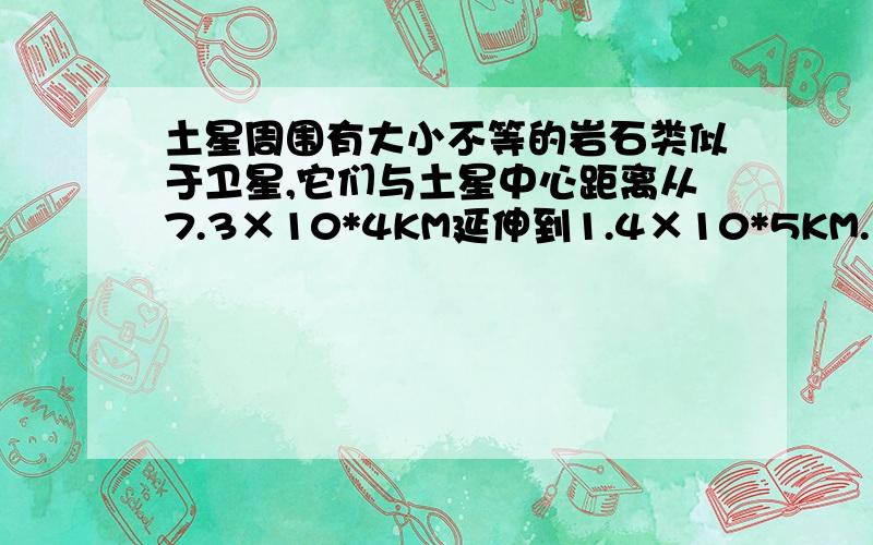 土星周围有大小不等的岩石类似于卫星,它们与土星中心距离从7.3×10*4KM延伸到1.4×10*5KM.已知环的外缘颗粒绕土星做圆周运动约14H,求土星的质量