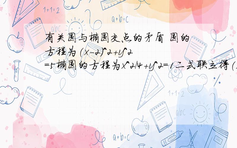 有关圆与椭圆交点的矛盾 圆的方程为(x-2)^2+y^2=5椭圆的方程为x^2/4+y^2=1二式联立得(x-2)^2-x^2/4=4即3x^2-16x=0由韦达定理得x1+x2=16/3即圆与椭圆的交点的横坐标之和为16/3显然与图象不符那为什么这里