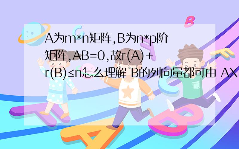 A为m*n矩阵,B为n*p阶矩阵,AB=0,故r(A)+r(B)≤n怎么理解 B的列向量都可由 AX=0 的基础解系线性表示?数二,看不懂解空间