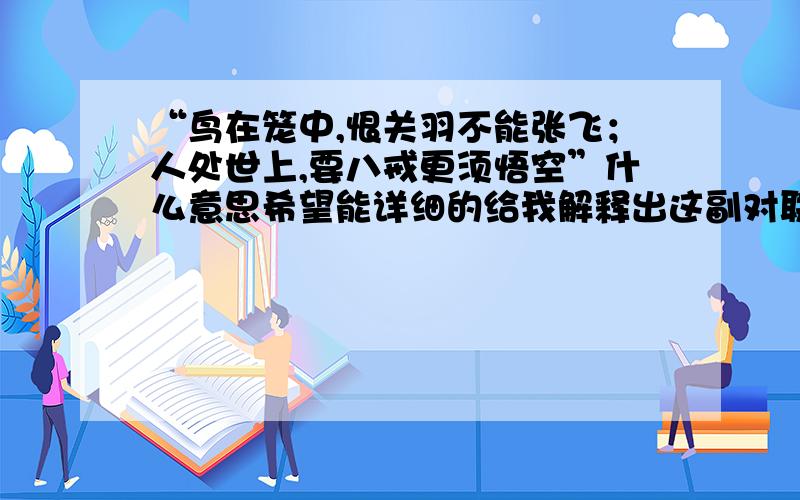 “鸟在笼中,恨关羽不能张飞；人处世上,要八戒更须悟空”什么意思希望能详细的给我解释出这副对联的含义和所要表达的意境!