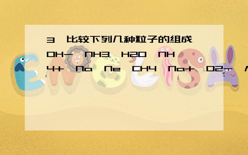 3、比较下列几种粒子的组成,OH-、NH3、H2O、NH4+、Na、Ne、CH4、Na+、O2-、Mg2+、Al3+、F-(1)质子数、电子数都相同的粒子是 .(2)质子数相同、电子数不同的粒子是 .(3)质子数不同、电子数相同的粒子