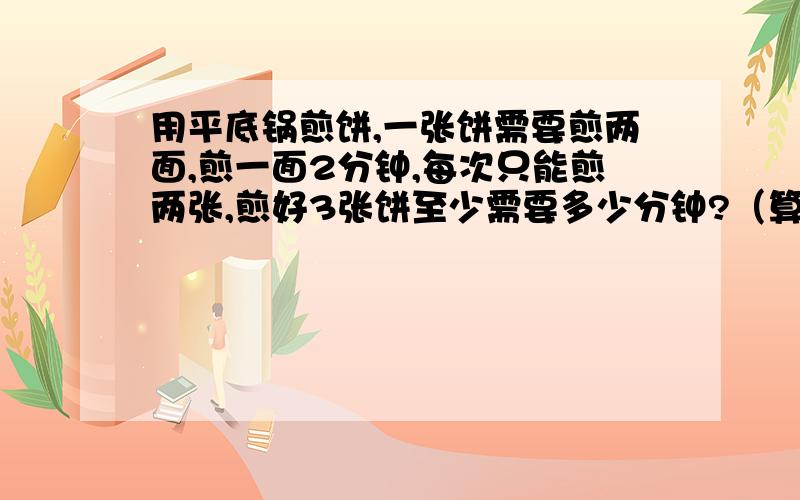 用平底锅煎饼,一张饼需要煎两面,煎一面2分钟,每次只能煎两张,煎好3张饼至少需要多少分钟?（算式）