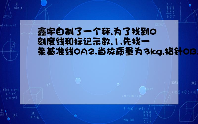 鑫宇自制了一个秤,为了找到0刻度线和标记示数,1.先找一条基准线OA2.当放质量为3kg,指针OB与OA夹角为36°3.当放质量为5kg,指针OB与OA夹角为56° 求【1】当放上10kg物体,求指针BO与OA夹角∠AOB【2】