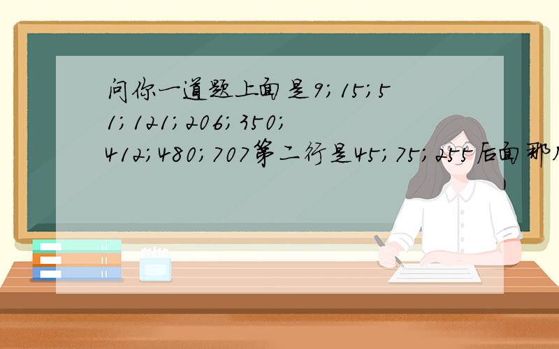 问你一道题上面是9；15；51；121；206；350；412；480；707第二行是45；75；255后面那几个填什么数啊