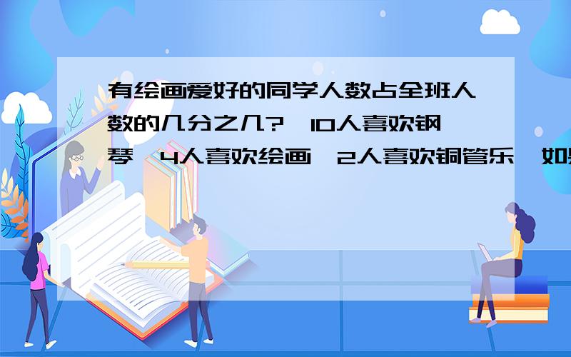 有绘画爱好的同学人数占全班人数的几分之几?【10人喜欢钢琴,4人喜欢绘画,2人喜欢铜管乐】如果将弹钢琴和吹铜管乐看做爱好音乐,那么爱好音乐的同学人数占全班人数的几分之几?爱好音乐