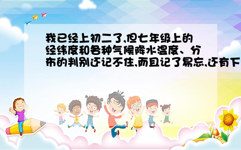 我已经上初二了,但七年级上的经纬度和各种气候降水温度、分布的判别还记不住,而且记了易忘,还有下册的各国地图上位置 这些知识点要怎么记着 ( ⊙ o ⊙