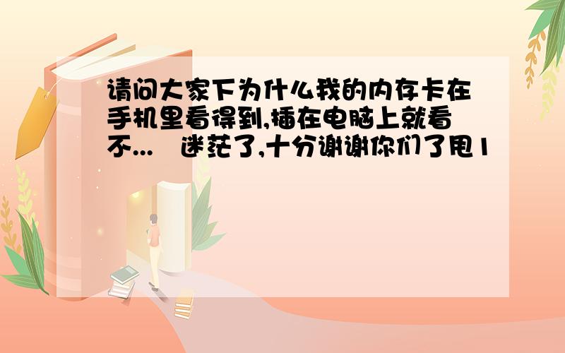 请问大家下为什么我的内存卡在手机里看得到,插在电脑上就看不...　迷茫了,十分谢谢你们了甩1