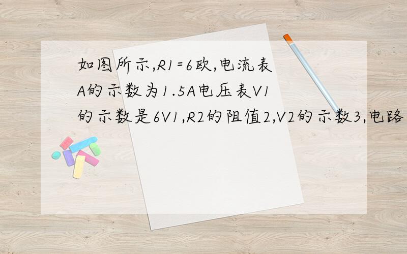 如图所示,R1=6欧,电流表A的示数为1.5A电压表V1的示数是6V1,R2的阻值2,V2的示数3,电路消耗的总功率