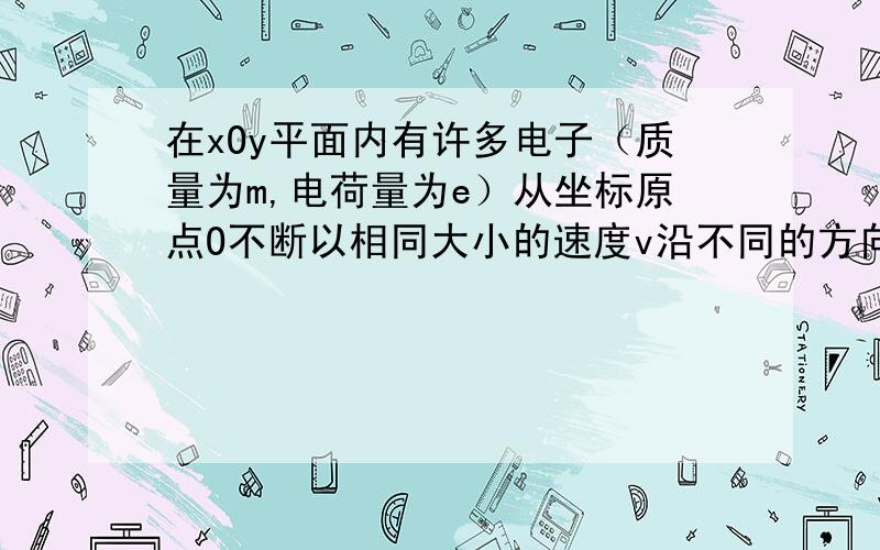 在xOy平面内有许多电子（质量为m,电荷量为e）从坐标原点O不断以相同大小的速度v沿不同的方向射入第一象限.现加上一个垂直于xOy平面的磁感应强度为B的匀强磁场,要求这些电子穿过该磁场