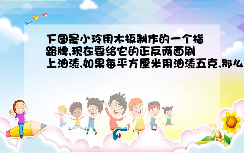 下图是小玲用木板制作的一个指路牌,现在要给它的正反两面刷上油漆,如果每平方厘米用油漆五克,那么共需油漆多少千克?