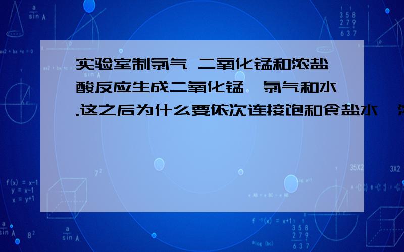 实验室制氯气 二氧化锰和浓盐酸反应生成二氧化锰、氯气和水.这之后为什么要依次连接饱和食盐水、浓硫酸、湿润的KI淀粉试纸、干色布、湿色布、石蕊、FeCl2,AgNo3、KI淀粉试纸、再最后用Na