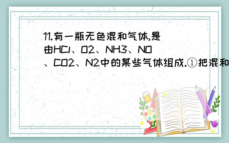 11.有一瓶无色混和气体,是由HCl、O2、NH3、NO、CO2、N2中的某些气体组成.①把混和气体通过浓硫酸后,气体体积明显减小；② 剩余气体通过碱石灰后,气体体积又明显减小；③ 最后,剩余气体接触