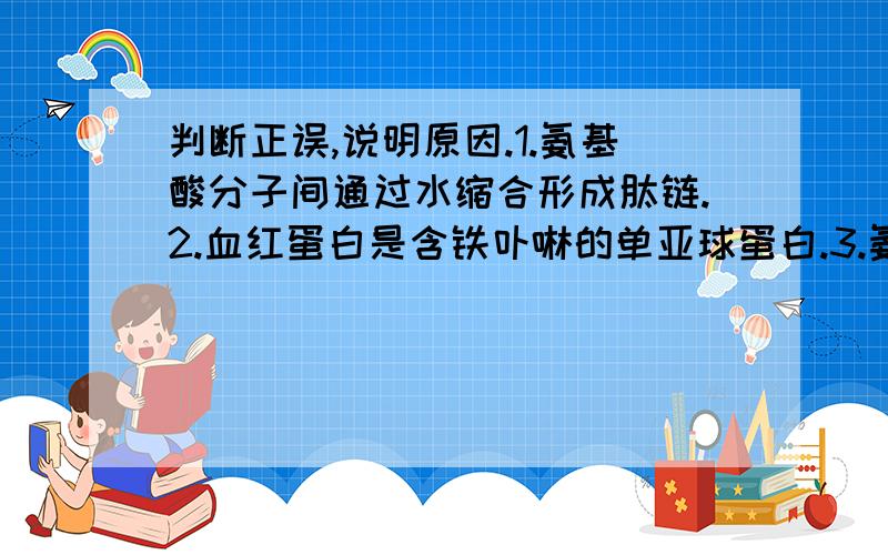 判断正误,说明原因.1.氨基酸分子间通过水缩合形成肽链.2.血红蛋白是含铁卟啉的单亚球蛋白.3.氨基酸一旦生成肽,完全失去其原有的理化性质.4.胰岛素分子A链与B链教练是靠什么?