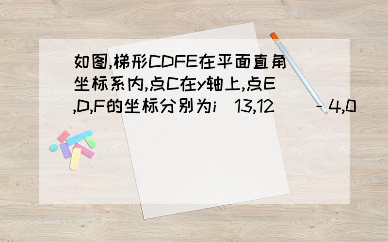 如图,梯形CDFE在平面直角坐标系内,点C在y轴上,点E,D,F的坐标分别为i（13,12）（﹣4,0）（18,0）.在x轴上一点A从原点O出发,以每秒1个单位的速度向F点移动；同时点B则从C点出发沿线段CE,EF以每秒1.