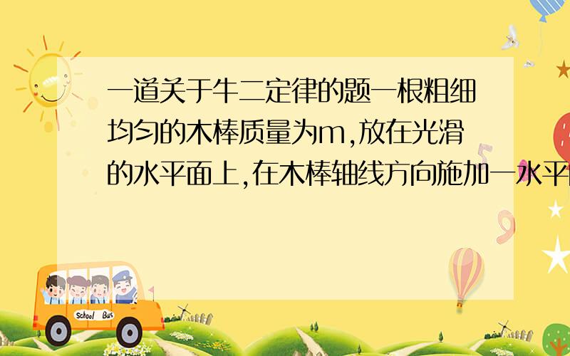 一道关于牛二定律的题一根粗细均匀的木棒质量为m,放在光滑的水平面上,在木棒轴线方向施加一水平向右的拉力F,使它做匀加速直线运动,则棒中自右向左各截面处的拉力大小（ ）A.都等于F B.