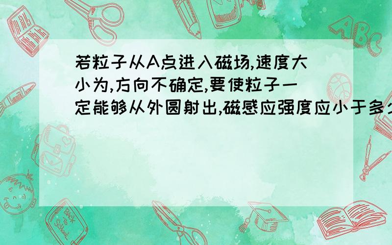 若粒子从A点进入磁场,速度大小为,方向不确定,要使粒子一定能够从外圆射出,磁感应强度应小于多少?“要使粒子一定能够从外圆射出”怎么理解