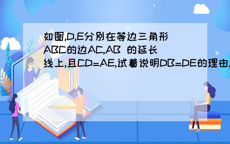 如图,D,E分别在等边三角形ABC的边AC,AB 的延长线上,且CD=AE,试着说明DB=DE的理由.
