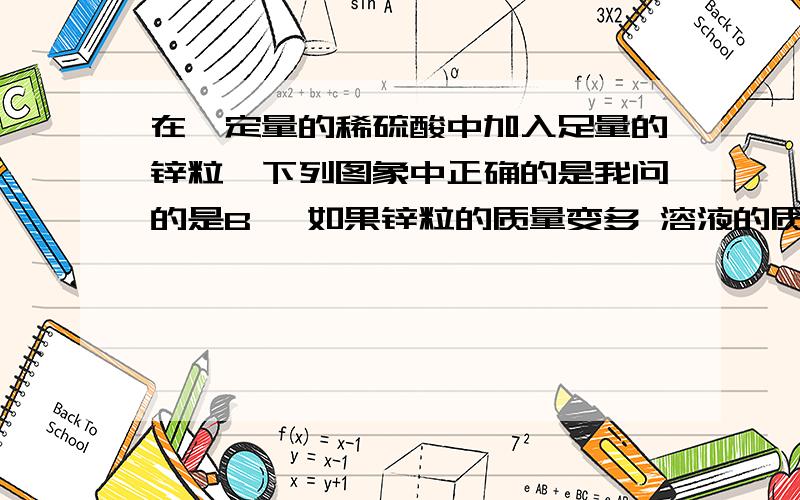 在一定量的稀硫酸中加入足量的锌粒,下列图象中正确的是我问的是B ,如果锌粒的质量变多 溶液的质量会怎么变.原因?谢谢 详细点