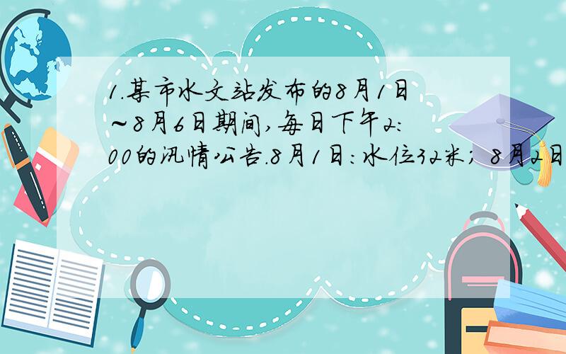 1．某市水文站发布的8月1日～8月6日期间,每日下午2：00的汛情公告．8月1日：水位32米； 8月2日：水位32.9米；8月3日：水位32.4米； 8月4日：水位32.6米；8月5日：水位32.2米； 8月6日：水位31.8米