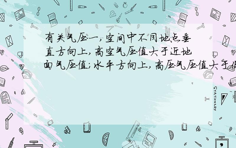 有关气压一,空间中不同地点垂直方向上,高空气压值大于近地面气压值；水平方向上,高压气压值大于低压气压值.二,而从地面往高空去,越往上去,压在单位面积上的空气柱越短,空气柱对应的