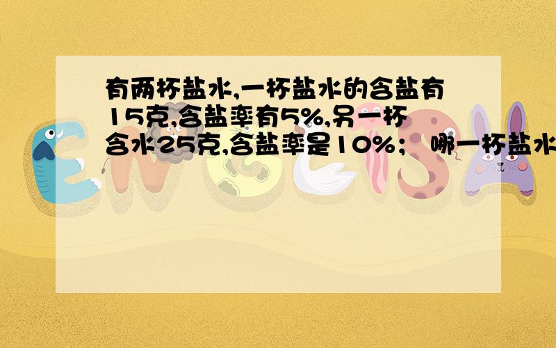 有两杯盐水,一杯盐水的含盐有15克,含盐率有5%,另一杯含水25克,含盐率是10%； 哪一杯盐水更咸?