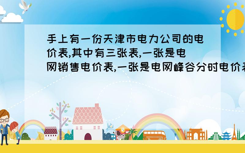 手上有一份天津市电力公司的电价表,其中有三张表,一张是电网销售电价表,一张是电网峰谷分时电价表还有一张是中小化肥电价表,我们公司是做瓶盖的,应该怎么算电价啊