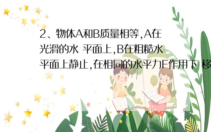 2、物体A和B质量相等,A在光滑的水 平面上,B在粗糙水平面上静止,在相同的水平力F作用下 移动相同的位移A、力F对A做功较多,A的动能较大.B、力F对B做的功较多,B的动能较大.C、力F对A、B做功相