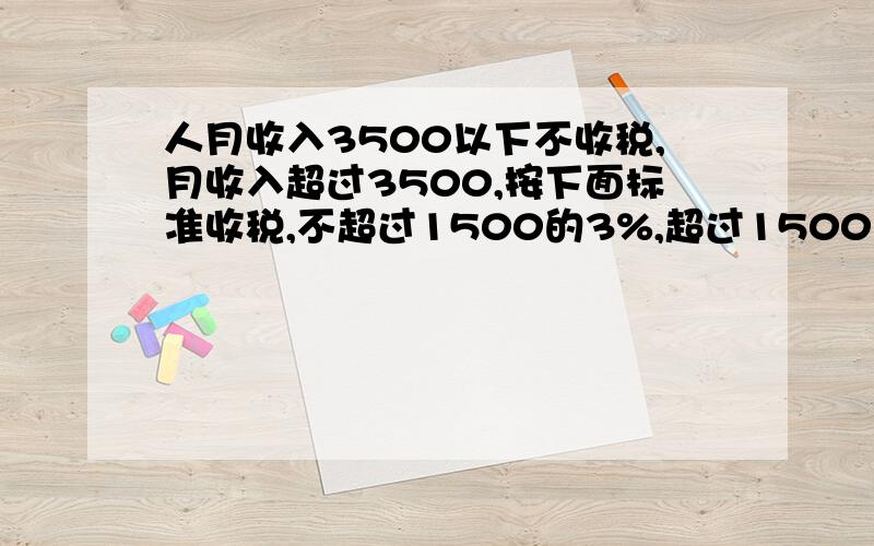 人月收入3500以下不收税,月收入超过3500,按下面标准收税,不超过1500的3%,超过1500至4500的部分10%爸爸每个月缴税145元,爸爸月收入是多少元