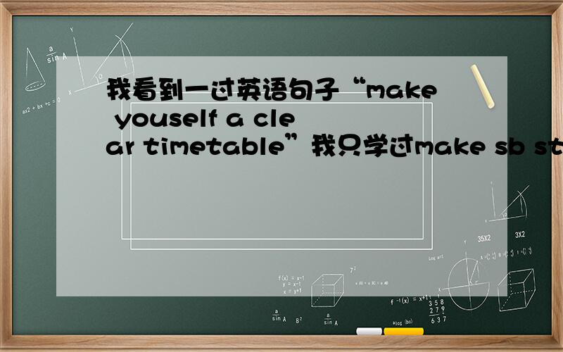 我看到一过英语句子“make youself a clear timetable”我只学过make sb sth表示让某人成为什么比如make you the headteacher是让你做班主任.难道这个词组还有给某人什么的意思吗?请不要乱答,知道的帮我