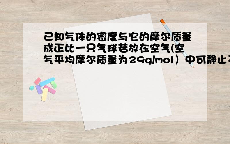 已知气体的密度与它的摩尔质量成正比一只气球若放在空气(空气平均摩尔质量为29g/mol）中可静止不动,那么在相同条件下该气球放在下列气体中会上浮的是A.O2 B.Cl2 C.CO2 D.CH4看清楚是上浮哦难