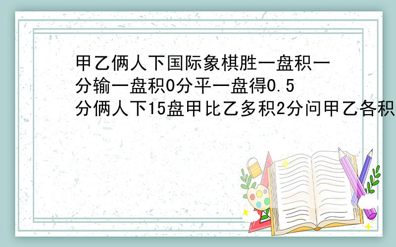 甲乙俩人下国际象棋胜一盘积一分输一盘积0分平一盘得0.5分俩人下15盘甲比乙多积2分问甲乙各积多少分