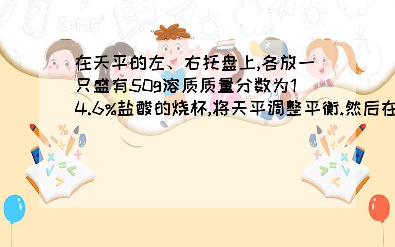 在天平的左、右托盘上,各放一只盛有50g溶质质量分数为14.6%盐酸的烧杯,将天平调整平衡.然后在上述两只烧杯中加入一定质量的下列物质,充分反应后,天平仍然平衡是（）A、18g镁和18g铜B、4g